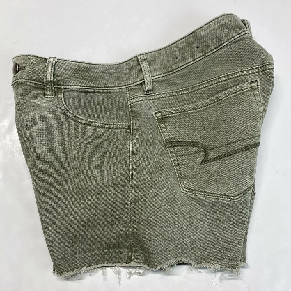 American Eagle Shorts Hi-Rise Shortie Sz 8 Super Super Stretch Green Denim Fray